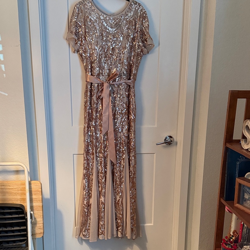 R & M Richards Gold Sequin Evening Gown
